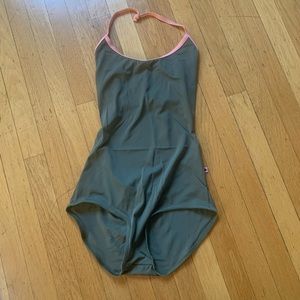Yumiko leotard Kate model. Green and apricot color